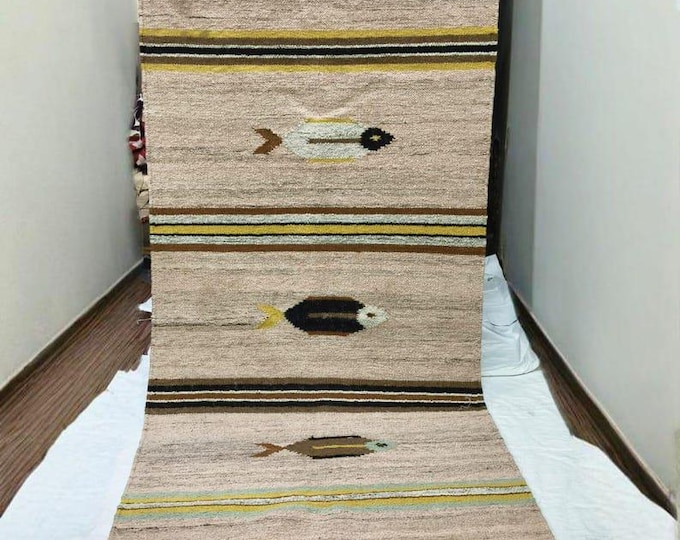 Swedish Marianne  Kilim Rug Handwoven Wool Kilim Runner – Minimal Fish Motif Flatweave Rug in Earthy Tones