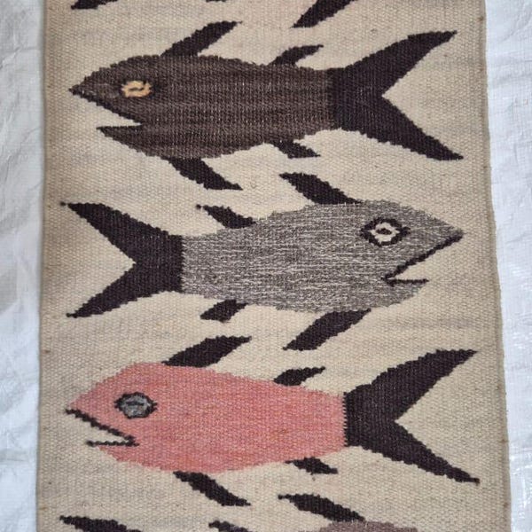 Handwoven Swedish Kilim Rug: Wool Flatweave Carpet with Fish Motif