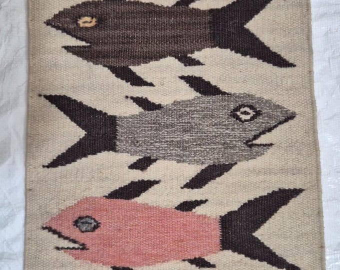 Handwoven Swedish Kilim Rug: Wool Flatweave Carpet with Fish Motif