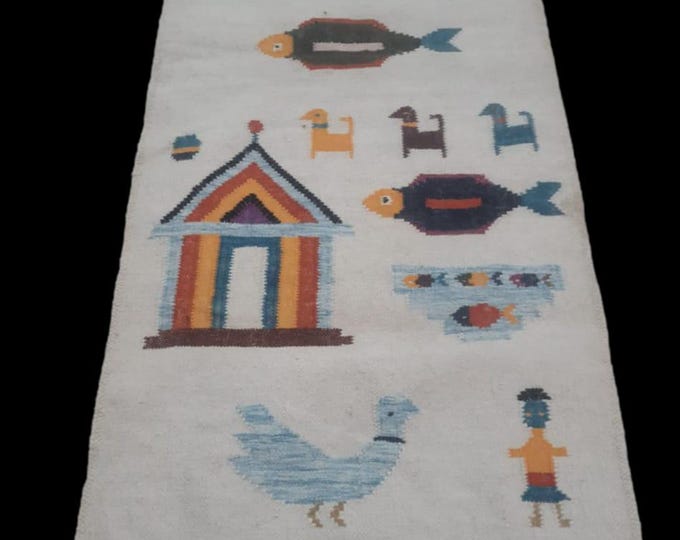 Handmade Swedish Kilim Rug: Tribal Animal Flatweave, Boho Runner