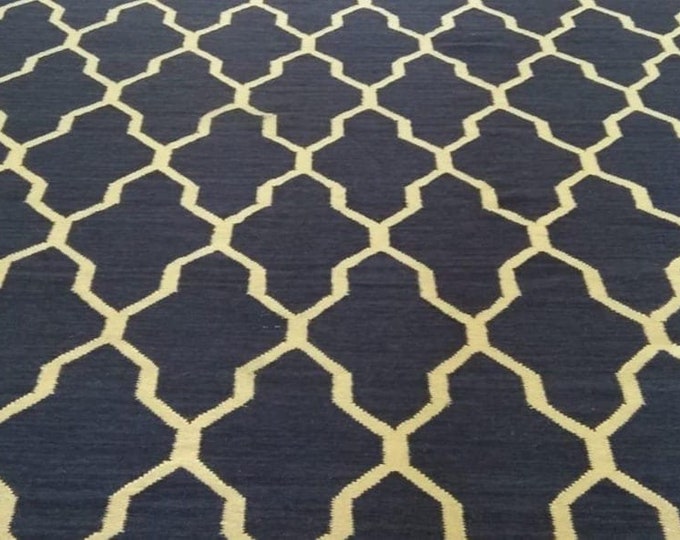 Swedish Marianne Richter-Inspired Kilim Rug Handwoven Scandinavian Masterpiece  Handwoven Flatweave Rug Navy Blue & Ivory Geometric Pattern
