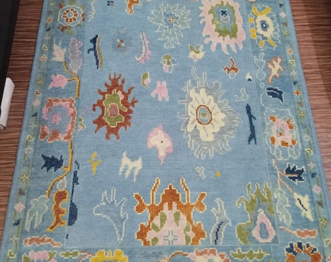 Turkish Oushak Rugs:Hand-Knotted Sky Blue and Dark Color Design for Hallways