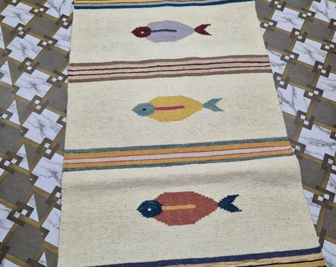 Swedish Marianne  kilim Handmade Kilim Rug – Beige Fish Design Flatweave Carpet | Boho Area Rug Without Fringes