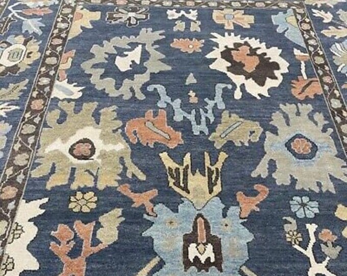 Hand-Knotted  Oushak Rug – Traditional Turkish Wool Area Carpet with Tribal Floral Design"  Blue Oushak Rug Traditional Turkish Wool Area Ca