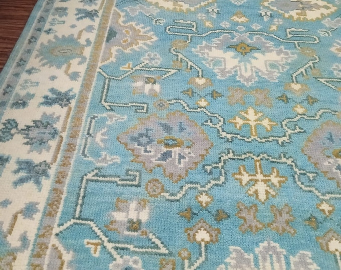 HandMade Rugs Woven Oushak Runner Rug Traditional Turkish Design Carpet Turquoise Blue Oushak Rug with Floral Motifs Hand Woven Carpet