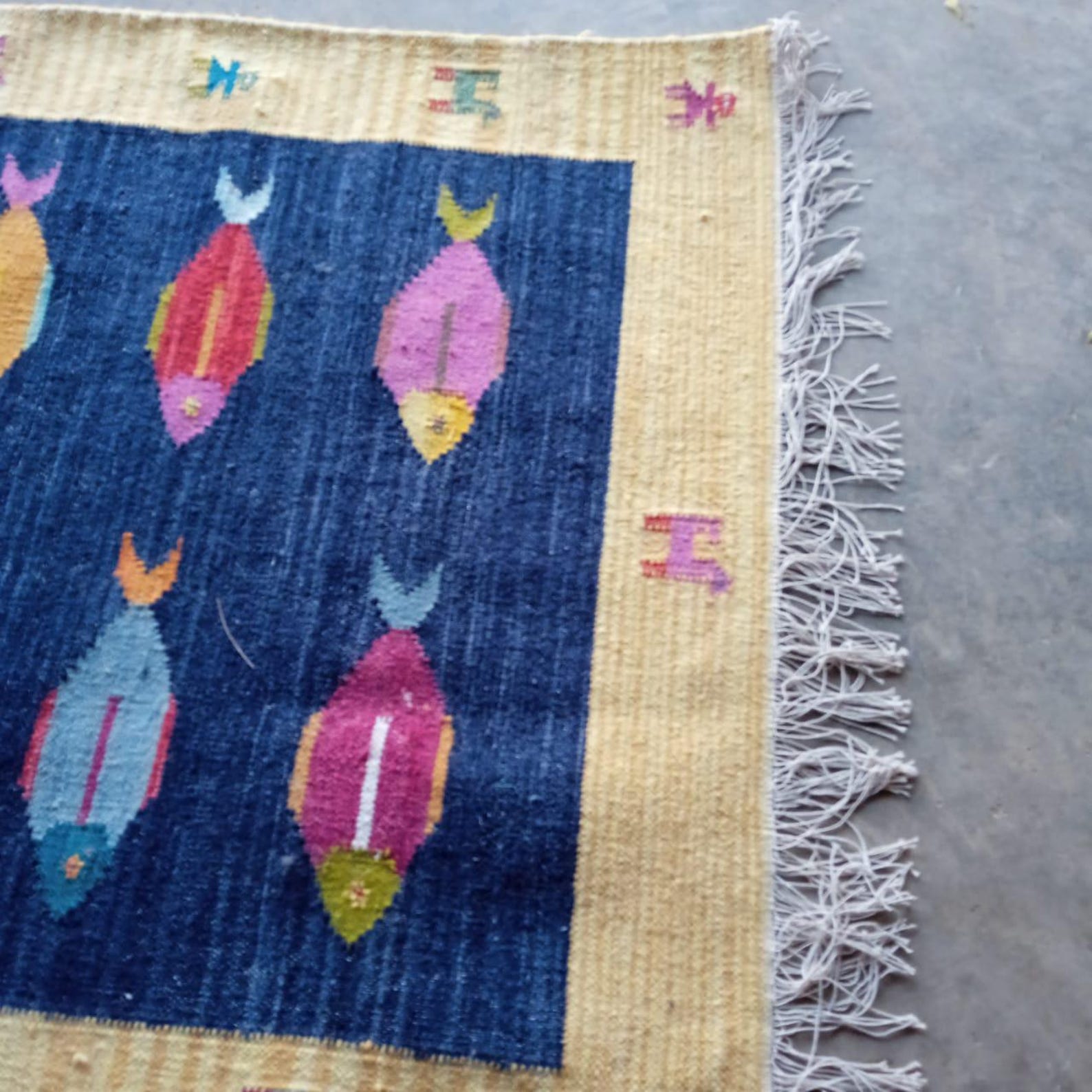 Kilim Fish Rug Swedish Kilim Wool Rug: Handwoven Fish Motif, Navy & Beige Border - Etsy