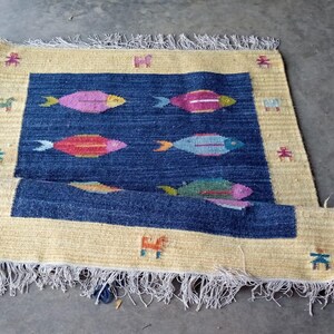 Kilim Fish Rug Swedish Kilim Wool Rug: Handwoven Fish Motif, Navy & Beige Border - Etsy