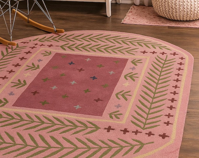 Handmade Scandinavian- Handwoven Pink Kilim Rug – Geometric Leaf Border and Star Motif Flatweave Carpet