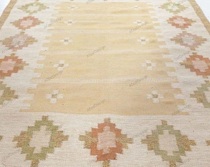 New Swedish Marianne Richter-Inspired Kilim Rug – 12x15 Handwoven Scandinavian Masterpiece . in Peach and Beige"