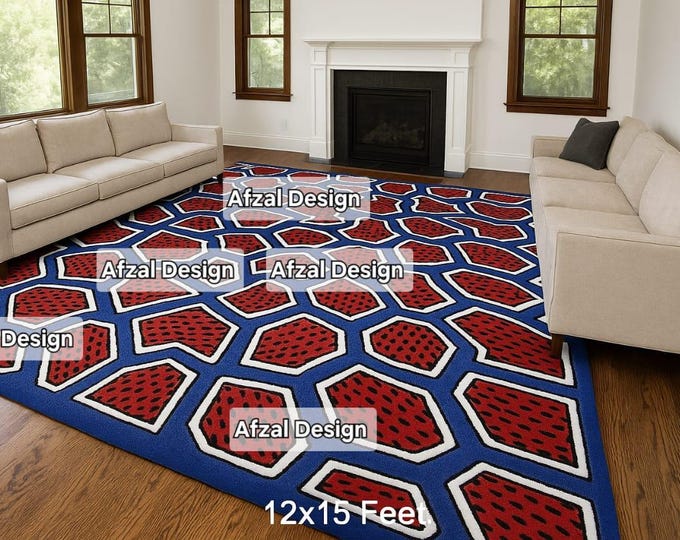 Handmade Tufted Geometric Rug – Red Blue Modern Living Room Carpet