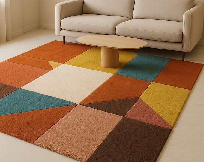 Handmade Rug Pattern Tufted Rug – Retro Aesthetic Floor Mat, Sunset Gradient Carpet, Custom Color Wavy Rug for Living Room & Bedroom Decor