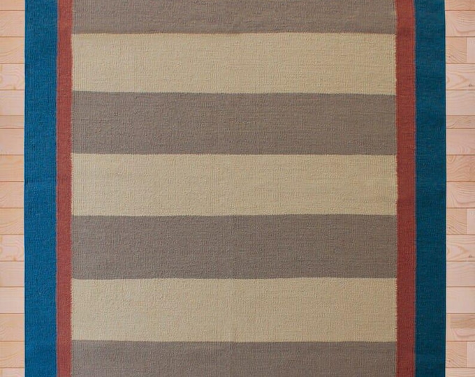 Swedish Marianne Richter-Inspired Kilim Rug 12x18 Scandinavian Handwoven Striped Flatweave Rug with Bold Blue and Rust Border  Masterpiece