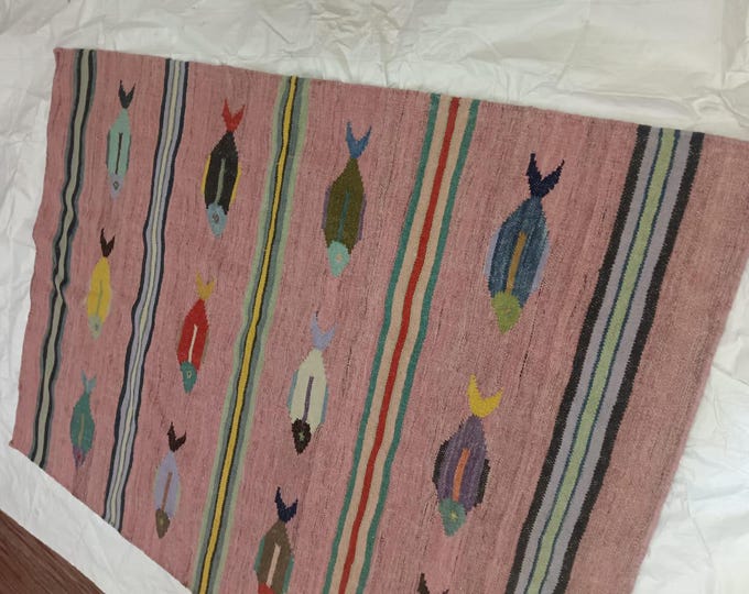 Swedish Marianne  Kilim Rug Handwoven Fish Motif Kilim Rug – Pink Wool Flatweave Carpet with Multicolor