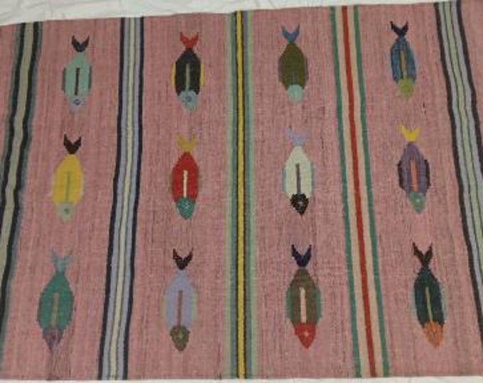 Swedish Marianne  Kilim Rug Handwoven Fish Motif Kilim Rug – Pink Wool Flatweave Carpet with Multicolor
