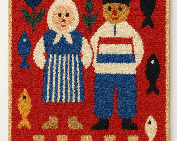Hand Tufted Wool Rug, Dutch Boy & Girl, Red Accent Rug