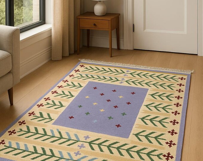 Handmade Scandinavian-Inspired Wool Rug – Soft Lavender Center with Botanical Motifs and Colorful Accents