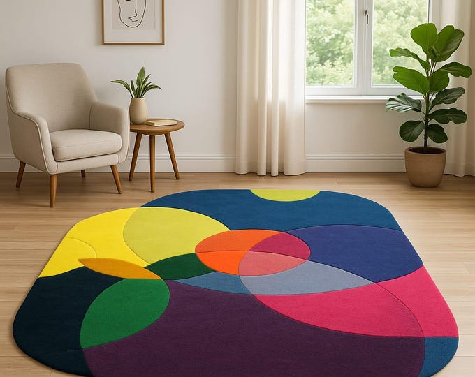 Handmade Rugs Modern Overlapping Circles Rug – Multicolor Geometric Design Carpet for Living Room or Office Decor