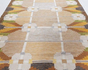 May include: A rectangular area rug featuring a geometric pattern with a grid of white lines intersecting at light gray squares. The design includes repeating circular motifs in shades of tan, brown, yellow, and green, creating a textured appearance.