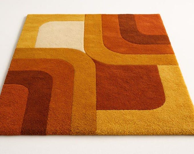Retro Tufted Area Rug | 70s Mid Century Modern Carpet | Geometric Color Block Handmade Rug | Vintage Style Living Room Decor