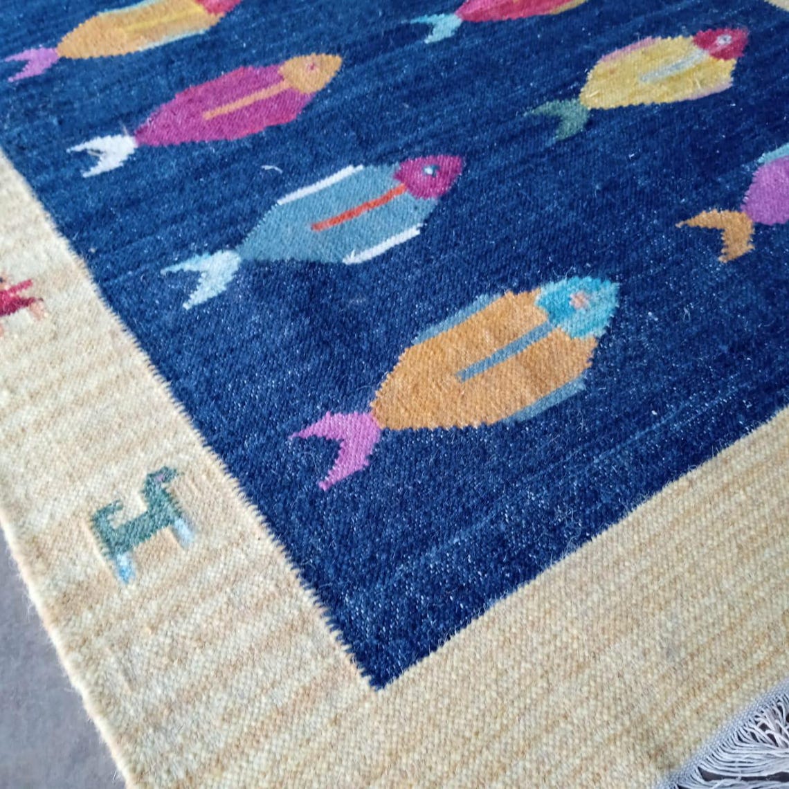 Kilim Fish Rug Swedish Kilim Wool Rug: Handwoven Fish Motif, Navy & Beige Border - Etsy