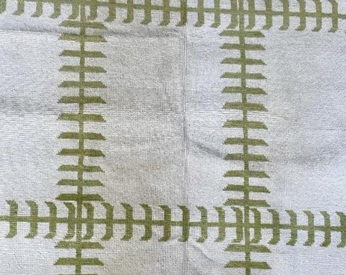 Handmade Swedish Kilim Rug – Marianne Inspired Design – Green Geometric Wool & Cotton Flatweave Carpet