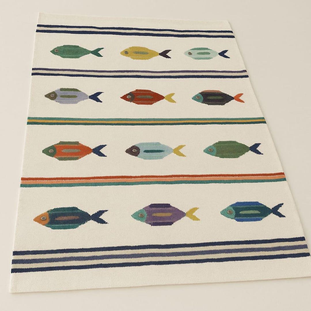 Kilim Fish Rug Handwoven Swedish Kilim Rug: Cream Beige Wool Flatweave Carpet With ...