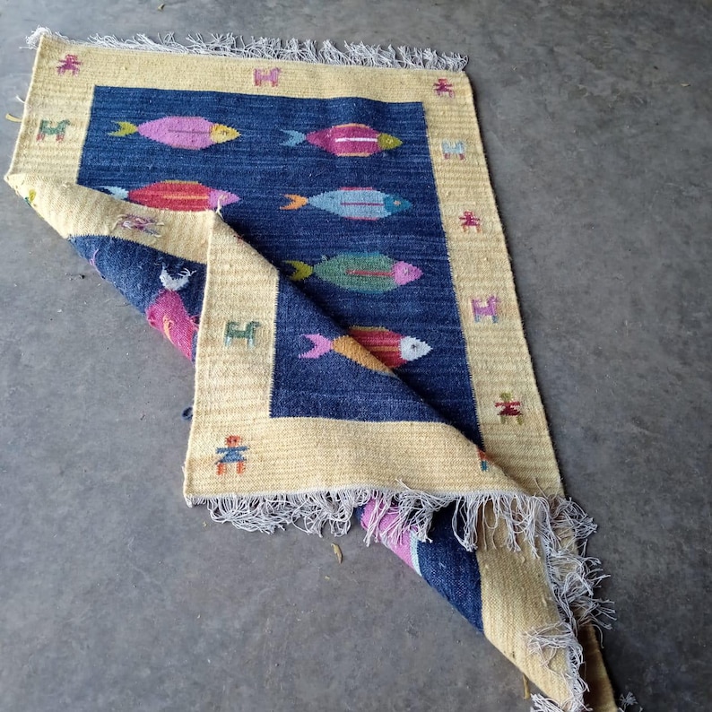 Kilim Fish Rug Swedish Kilim Wool Rug: Handwoven Fish Motif, Navy & Beige Border - Etsy