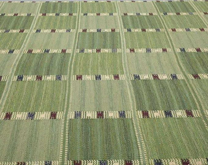 8X10.  Handwoven Green Kilim Rug with Geometric Checkered Pattern – Flatweave Wool Area Carpet"