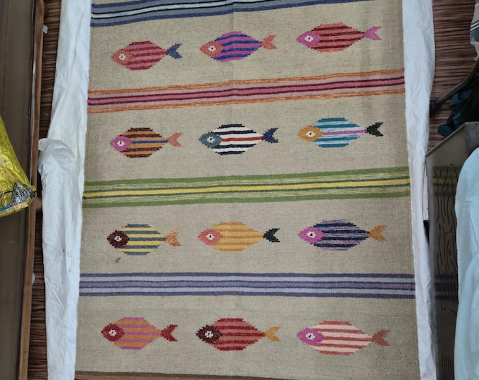 Handwoven Swedish Kilim Rug: Pink Wool Flatweave with Fish