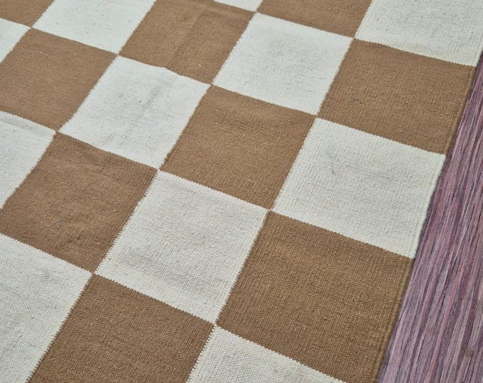 Handwoven Wool Checkered Kilim Rug | Brown and Cream