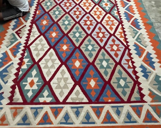 Handwoven Swedish Kilim Rug: Cream & Orange Southwestern Design