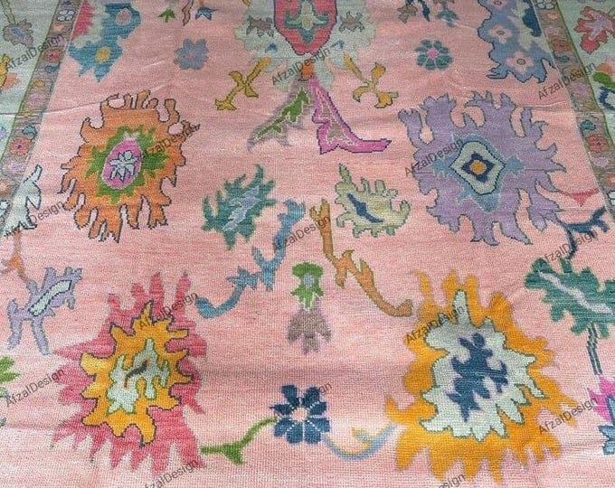 Handmade Knotted Wool & Cotton Carpet – Vintage Floral Turkish Design in Soft Pink Tones