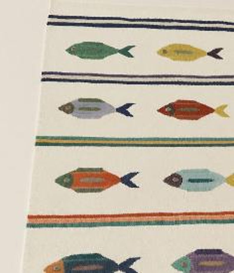 Kilim Fish Rug Handwoven Swedish Kilim Rug: Cream Beige Wool Flatweave Carpet With ...