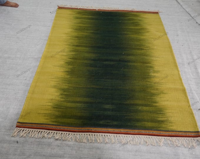 Kilim Rug – Richter-Inspired Design in Muted leman Green Tones with Simple, Elegant Finishing for Your Home"