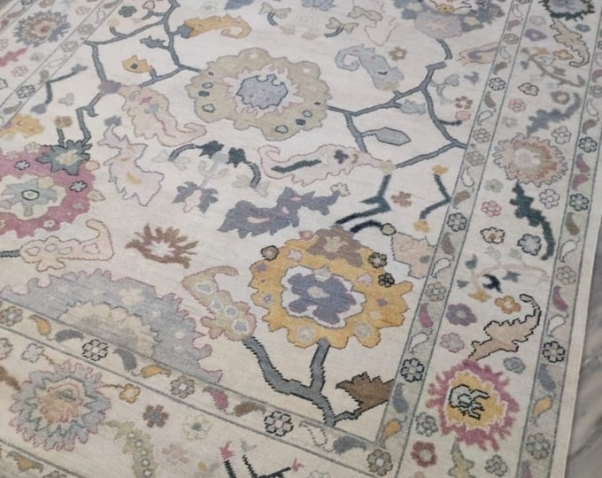 Handmade Turkish Oushak New Rugs: Handmade New Zealand Wool Carpets in Vintage Beige Tone, Sizes 9x12 to 12x18 – Ideal for Office Spaces"