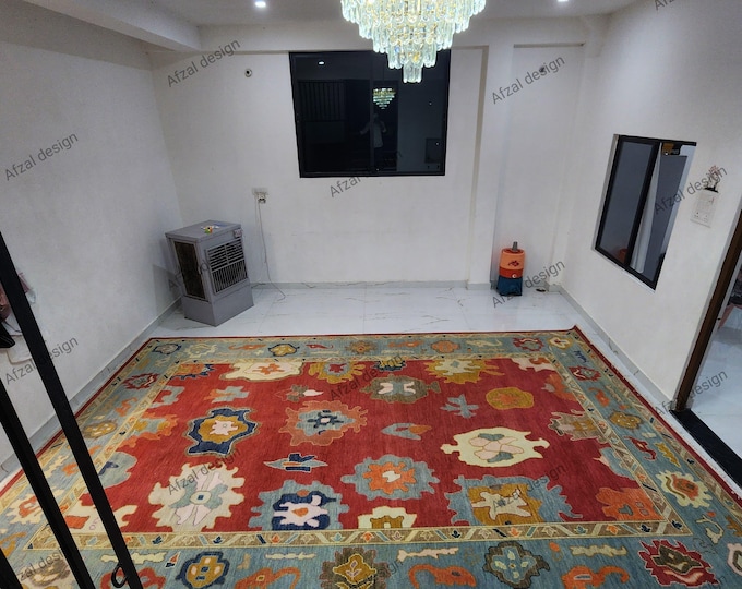 Turkish Oushak Rugs Hand knotted Soft Hand-Knotted Turkish Oushak Rug – Red and Blue Geometric Tribal Design Area Carpet  . Masterpiece