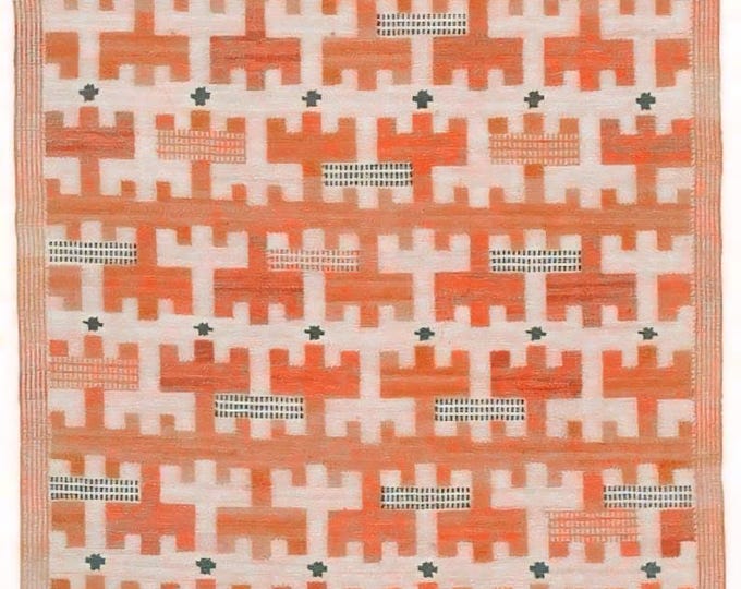 Handmade Swedish Kilim Rug – Marianne Richter Inspired Flatweave – Geometric Orange and White Design – Mid-Century Modern Style