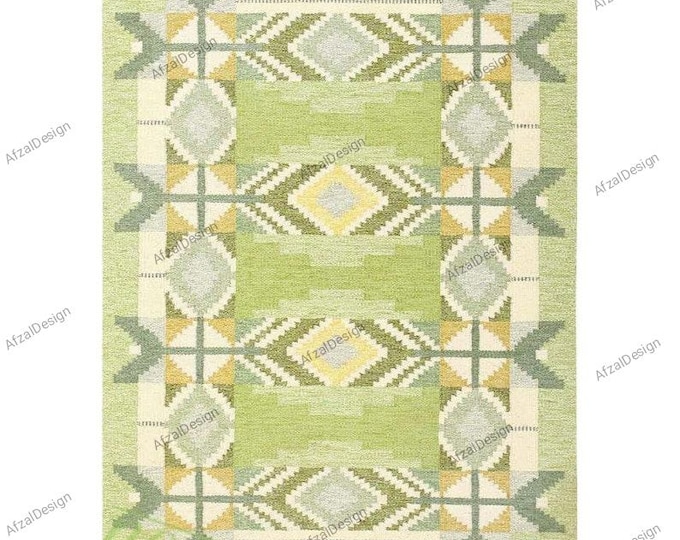 Handmade Swedish-Inspired Kilim Rug – Green & Cream Geometric Wool Flatweave