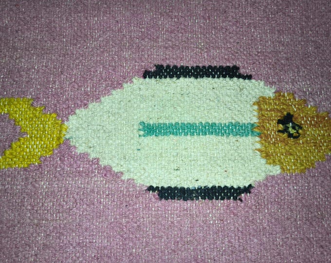 Swedish Marianne  Kilim Rug Handwoven Fish Motif Kilim Rug – Pink Wool Flatweave Carpet with Multicolor