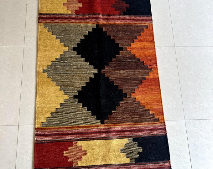 Swedish Marianne Richter-Inspired Kilim Rug in Earth Colors Southwestern Kilim Wool Rug Hand-Woven Geometric Tribal Area Carpet  Masterpiece