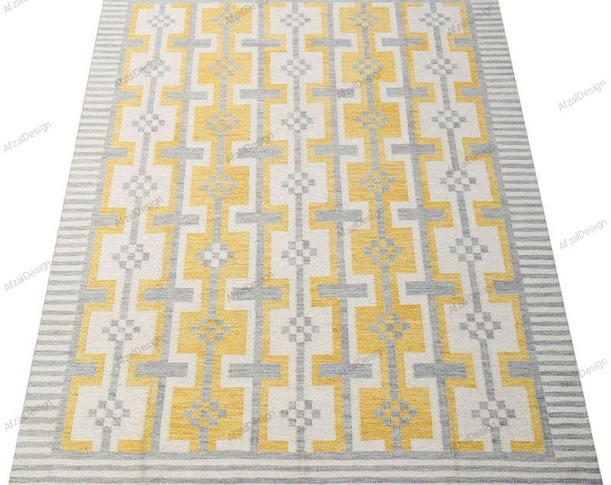 New Swedish Marianne Richter-Inspired Kilim Rug – 12x15 Handwoven Scandinavian Masterpiece . White & Grey Tones"