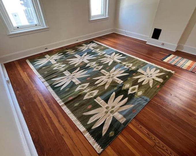 New Swedish Kilim Rug Handmade Vintage Style Flat Weave  Scandinavian Nordic Design Green Blue Wool Kilim Boho Tribal Area Rug Masterpiece