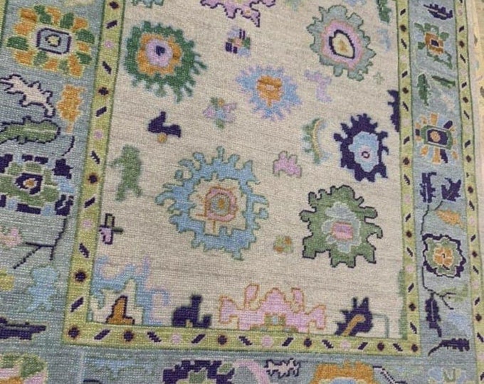 Turkish Oushak Rugs Hand knotted Oushak Rug Soft Pastel Green with Floral & Geometric Motifs 100% Wool Vintage-Inspired Carpet. Masterpiece
