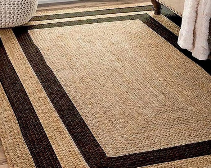 Modern Handwoven Jute Rug with Bold Black Striped Border – Natural Rectangular Area Carpet, 9X12