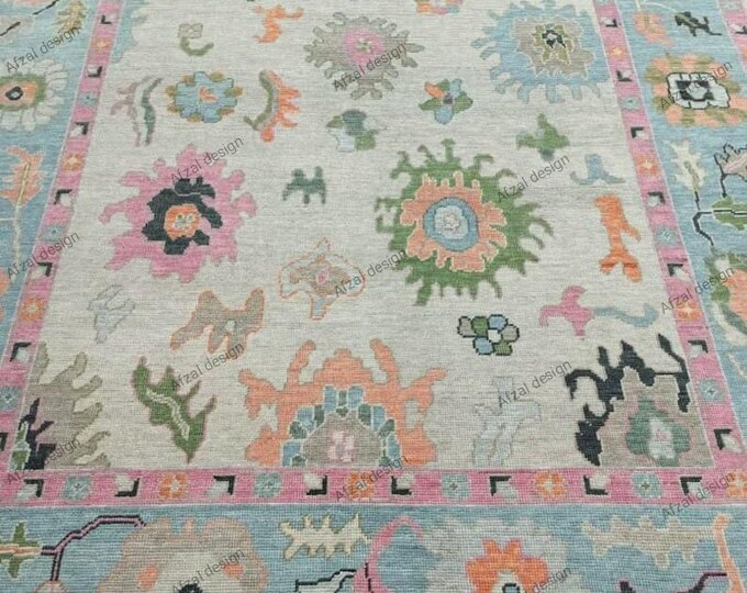 Hand-Knotted Turkish Oushak Rug in Beige and Sky Blue with Intricate Traditional Patterns"