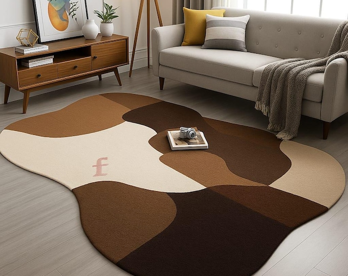 Handmade Tufted Carpet Modern Abstract Design in Earthy Brown Tones with Irregular Organic Shape