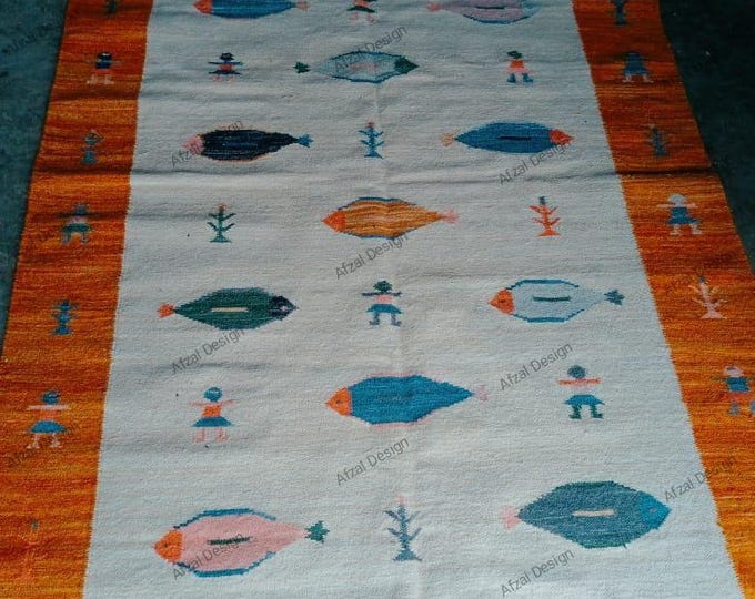 Swedish Marianne  Kilim Rug Handmade Kilim Rug with Fish and Tribal Motifs – Wool Flatweave Carpet in Cream and Orange Tones"