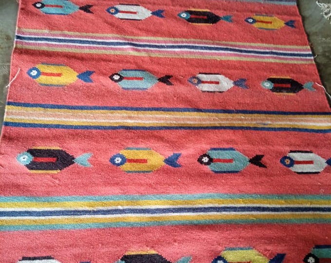 Swedish Marianne  Kilim Rug  Handmade Geometric Kilim Rug Tribal Pattern Wool Carpet in Bold Multicolor on Black Base