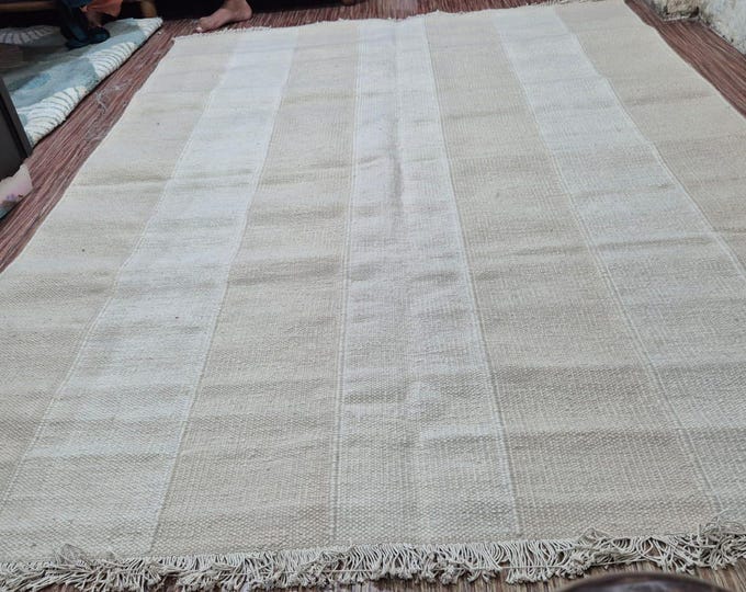Handwoven Neutral Kilim Rug | Cream Beige Wool Flatweave Carpet | Minimalist Boho Area Rug Masterpiece