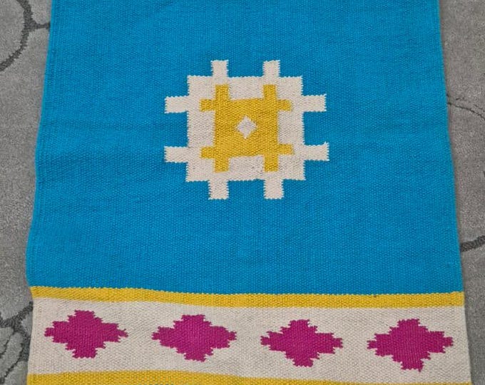 Handwoven Swedish Kilim Rugs Handmade Colorful Kilim Rug | Blue Boho Wool Flatweave Carpet Geometric Tribal Small Area Rug Masterpiece .